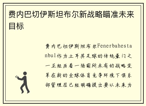 费内巴切伊斯坦布尔新战略瞄准未来目标 费内巴切伊斯坦布尔新战略瞄准未来目标