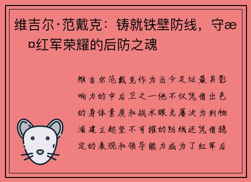 维吉尔·范戴克：铸就铁壁防线，守护红军荣耀的后防之魂